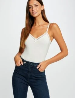 Débardeur Bretelles Fines Bande Dentelle Ecru Femme