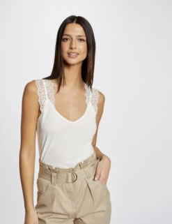 Débardeur Bretelles Larges à Dentelle Ecru Femme