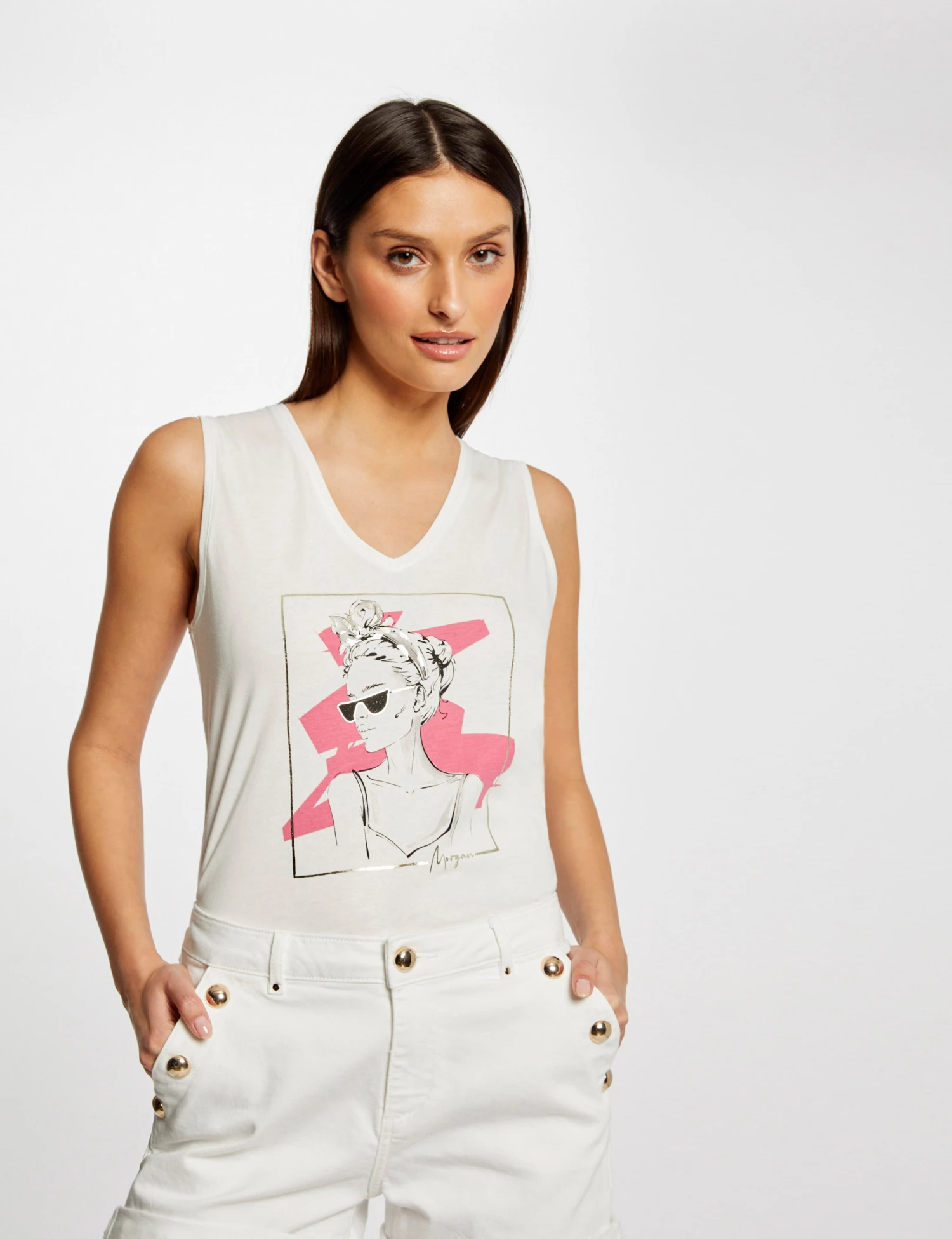 Débardeur Bretelles Larges à Inscription Ecru Femme 3 Débardeur Bretelles Larges à Inscription Ecru Femme