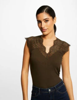 Débardeur Bretelles Larges En Dentelle Vert Kaki Femme