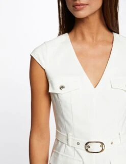 Robe Ajustée Ceinturée Avec Col En V Ecru Femme -Tenue Legere Boutique robe ajustee ceinturee avec col en v ecru femme vue4 32536300931090201