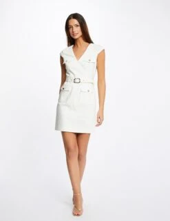 Robe Ajustée Ceinturée Avec Col En V Ecru Femme -Tenue Legere Boutique robe ajustee ceinturee avec col en v ecru femme vue5 32536300931090201