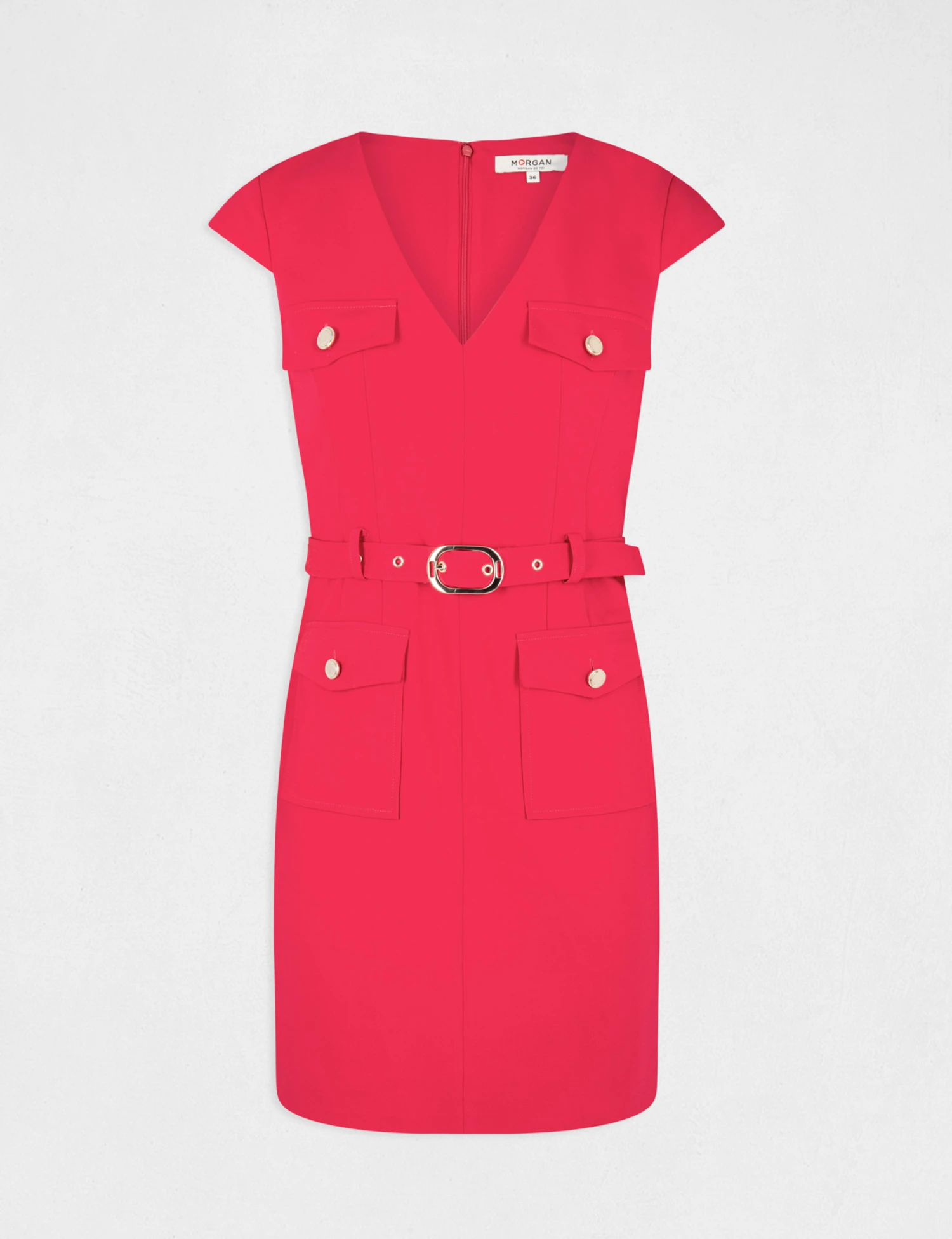 Robe Ajustée Ceinturée Avec Col En V Framboise Femme 7 Robe Ajustée Ceinturée Avec Col En V Framboise Femme – Image 5