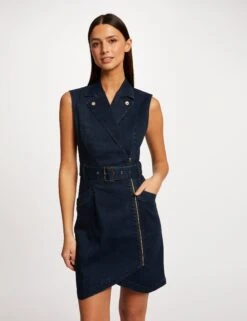 Robe Ajustée Drapée Sans Manches En Jean Jean Brut Femme