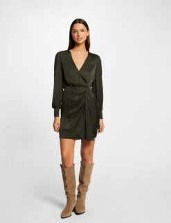 Robe Cintrée Drapée Satin Vert Fonce Femme