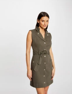 Robe Droite Boutonnée Ceinturée Vert Kaki Femme