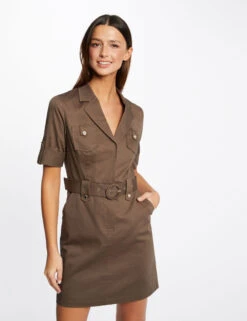 Robe Droite Ceinturée à Manches Courtes Vert Kaki Femme