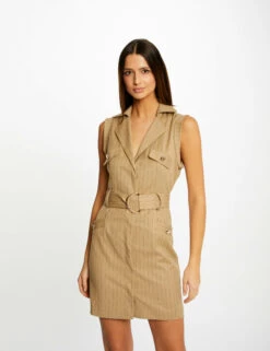 Robe Droite Ceinturée à Rayures Sable Femme