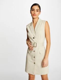 Robe Droite Sans Manches Ceinturée Beige Femme