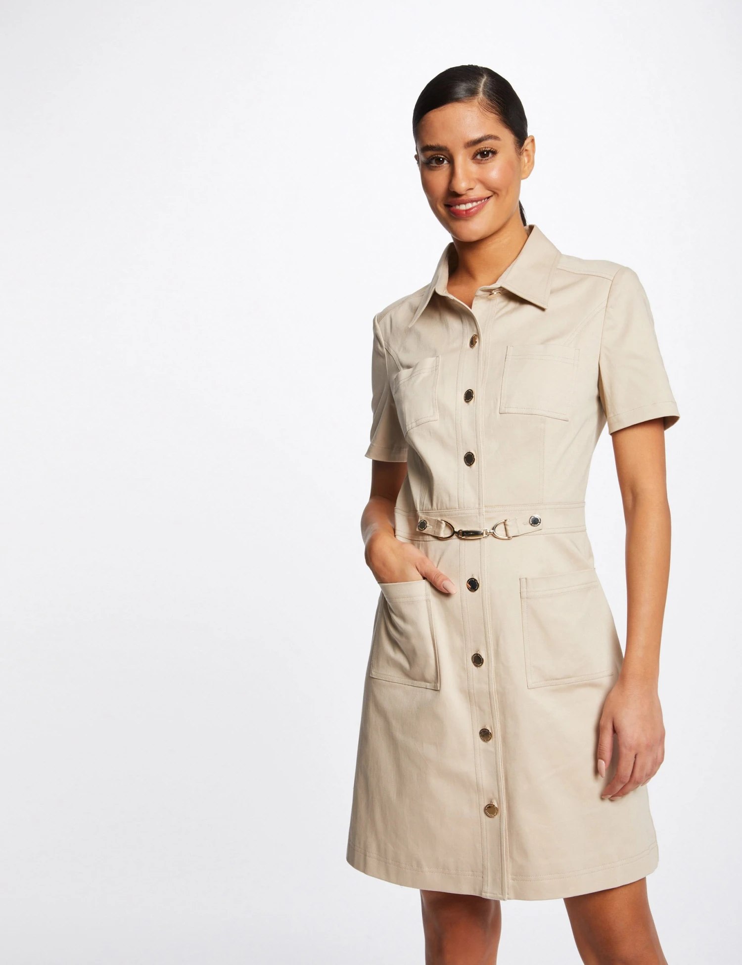 Robe Trapèze Boutonnée Avec Boucle Beige Femme 3 Robe Trapèze Boutonnée Avec Boucle Beige Femme
