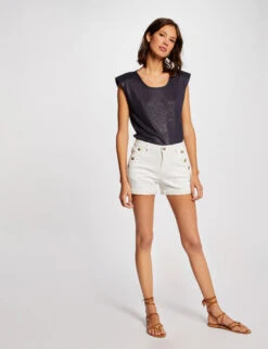 Short Ajusté à Pont En Jean Ecru Femme