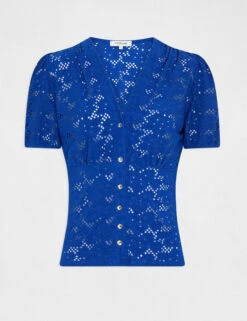 T-shirt Manches Courtes à Broderie Bleu Electrique Femme -Tenue Legere Boutique t shirt manches courtes a broderie bleu electrique femme vue3 32536300962690314