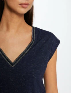 T-shirt Manches Courtes à Col En V Marine Femme -Tenue Legere Boutique t shirt manches courtes a col en v marine femme vue4 32536300938590301