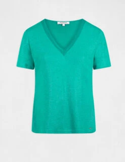 T-shirt Manches Courtes à Col En V Vert Moyen Femme -Tenue Legere Boutique t shirt manches courtes a col en v vert moyen femme vue3 32536300928670608