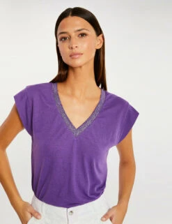T-shirt Manches Courtes à Col En V Violet Fonce Femme