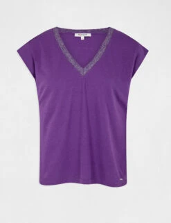 T-shirt Manches Courtes à Col En V Violet Fonce Femme -Tenue Legere Boutique t shirt manches courtes a col en v violet fonce femme vue3 32536300896410311