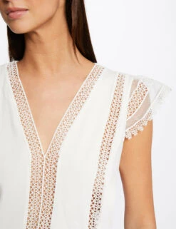 T-shirt Manches Courtes à Dentelle Ecru Femme -Tenue Legere Boutique t shirt manches courtes a dentelle ecru femme vue4 32536300939180201