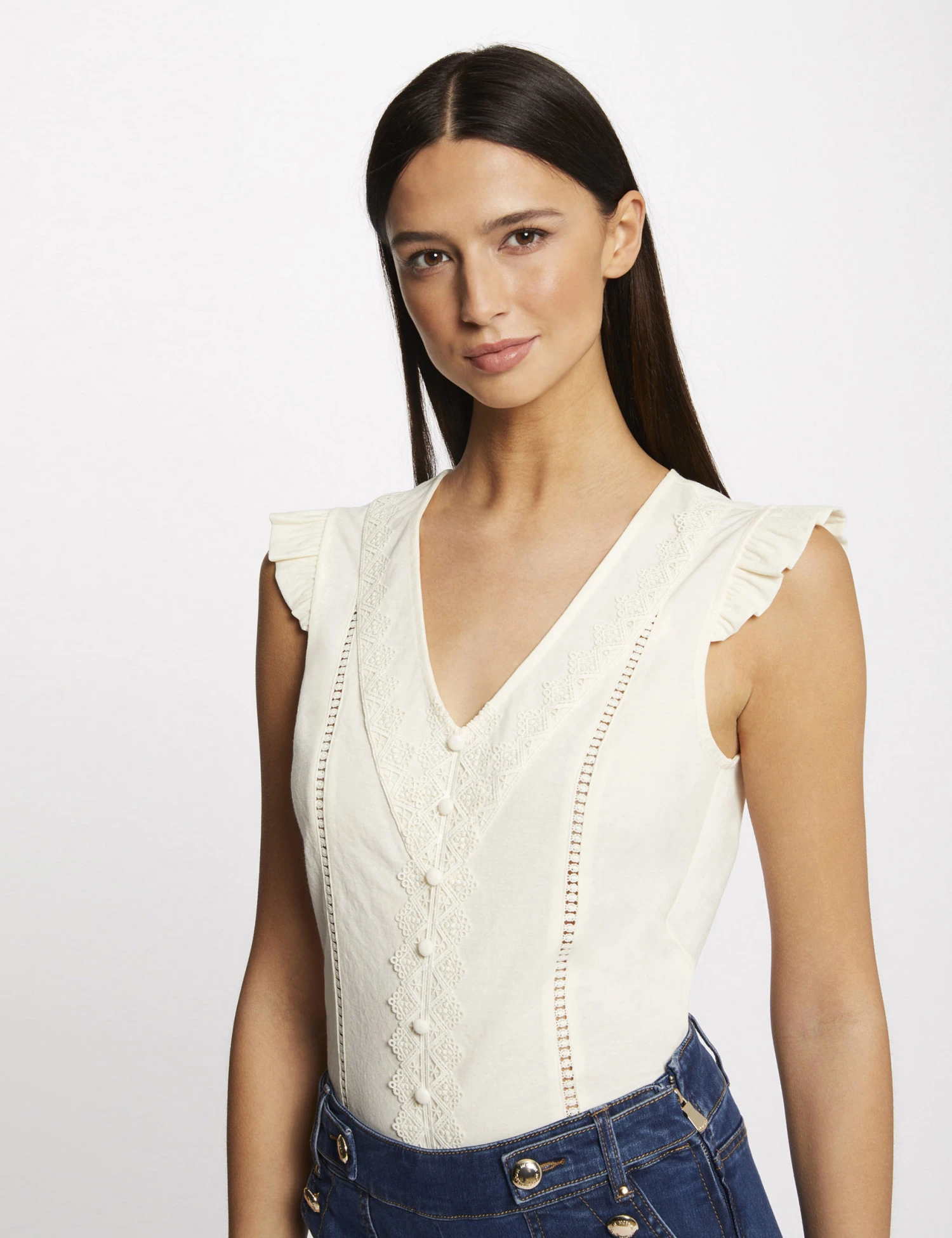 T-shirt Manches Courtes à Dentelle Ecru Moyen Femme 3 T-shirt Manches Courtes à Dentelle Ecru Moyen Femme