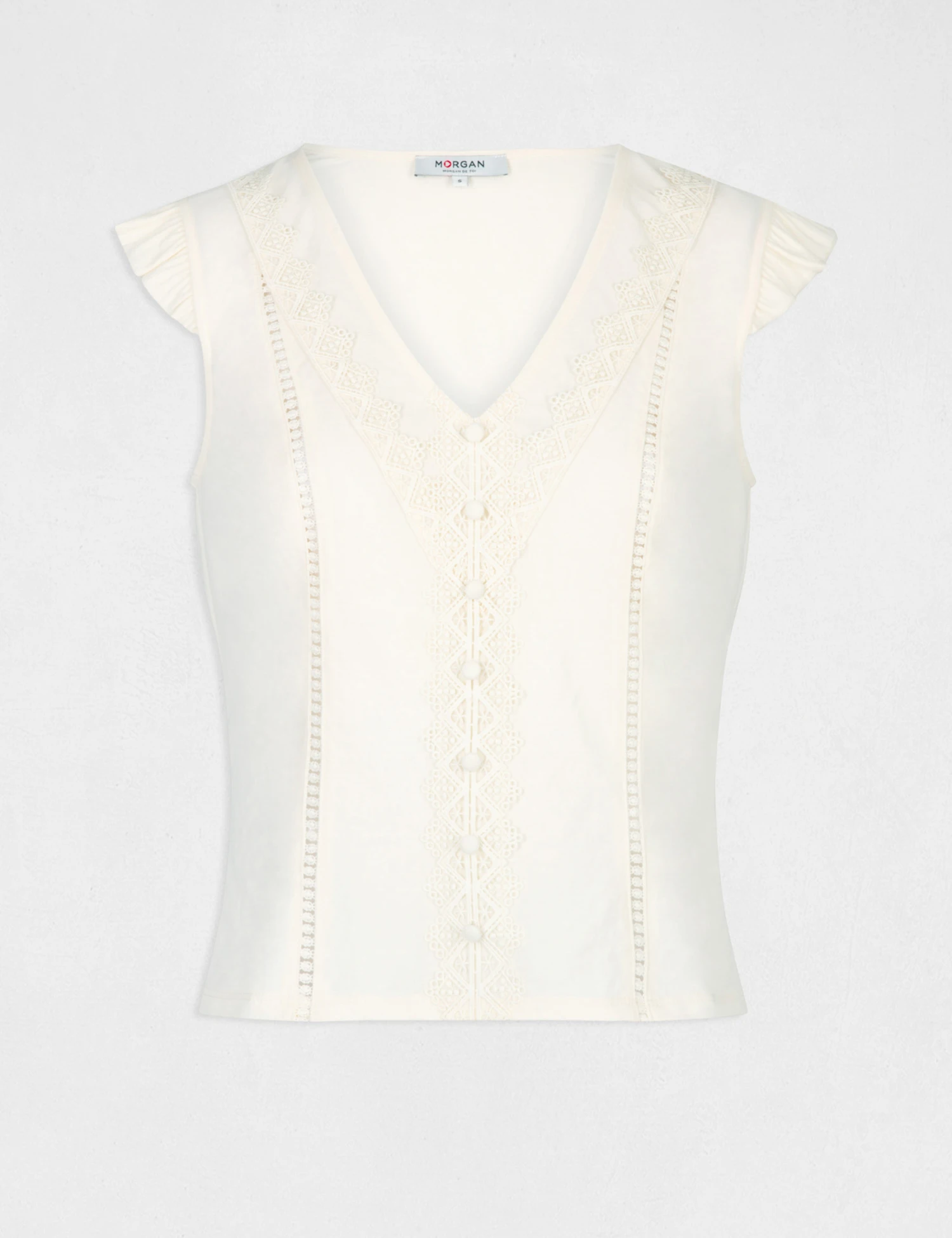 T-shirt Manches Courtes à Dentelle Ecru Moyen Femme 6 T-shirt Manches Courtes à Dentelle Ecru Moyen Femme – Image 4