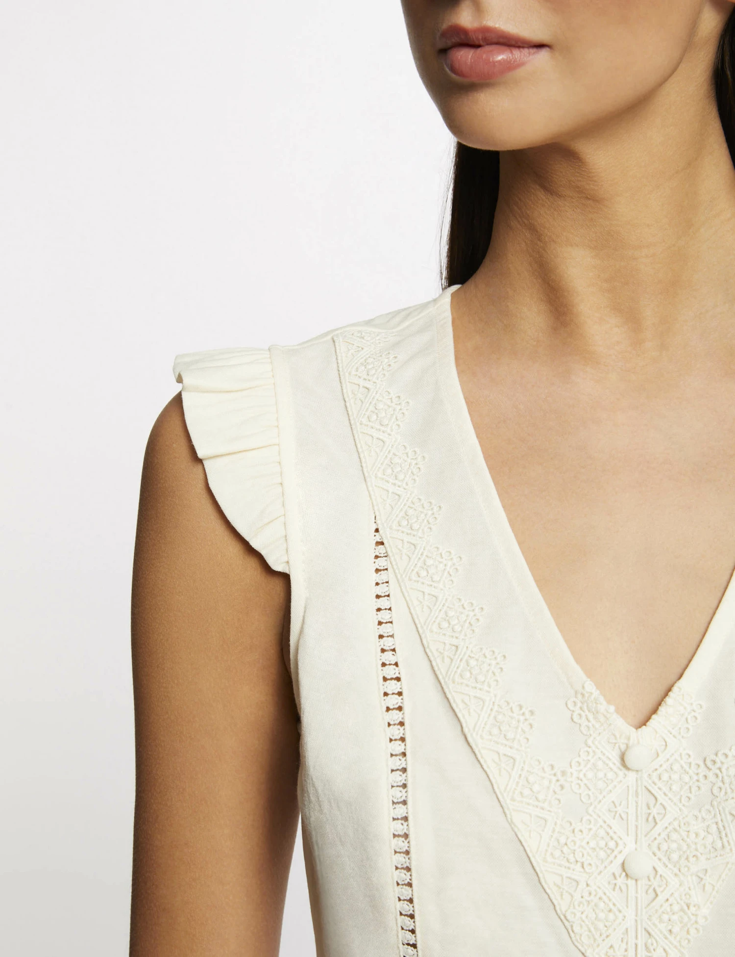 T-shirt Manches Courtes à Dentelle Ecru Moyen Femme 7 T-shirt Manches Courtes à Dentelle Ecru Moyen Femme – Image 5