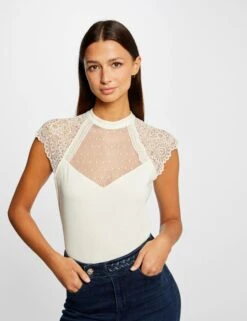 T-shirt Manches Courtes à Dentelle Ivoire Femme