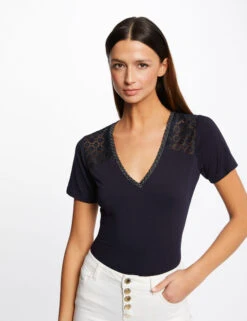 T-shirt Manches Courtes à Dentelle Marine Femme