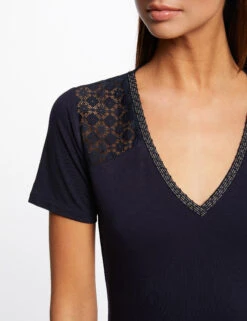 T-shirt Manches Courtes à Dentelle Marine Femme -Tenue Legere Boutique t shirt manches courtes a dentelle marine femme vue4 32536300928650301