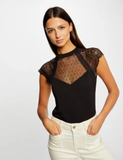 T-shirt Manches Courtes à Dentelle Noir Femme