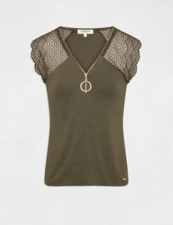 T-shirt Manches Courtes à Dentelle Vert Kaki Femme -Tenue Legere Boutique t shirt manches courtes a dentelle vert kaki femme vue3 32536300901300715