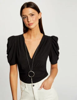 T-shirt Manches Courtes à Détail Bijou Noir Femme