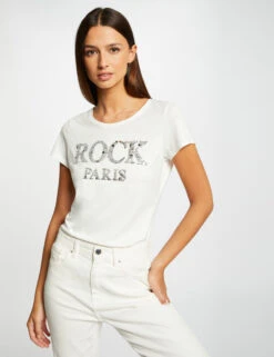 T-shirt Manches Courtes à Inscription Argente Femme