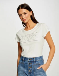 T-shirt Manches Courtes à Inscription Ecru Femme