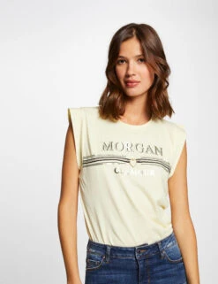 T-shirt Manches Courtes à Inscription Jaune Paille Femme