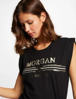 T-shirt Manches Courtes à Inscription Noir Femme