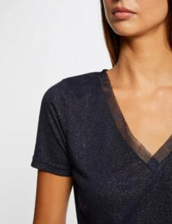 T-shirt Manches Courtes à Paillettes Marine Femme -Tenue Legere Boutique t shirt manches courtes a paillettes marine femme vue4 32536300951820301