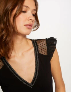 T-shirt Manches Courtes à Plumetis Noir Femme -Tenue Legere Boutique t shirt manches courtes a plumetis noir femme vue4 32536300862690100