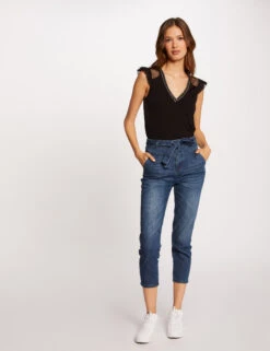 T-shirt Manches Courtes à Plumetis Noir Femme -Tenue Legere Boutique t shirt manches courtes a plumetis noir femme vue5 32536300862690100