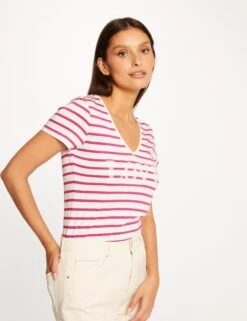 T-shirt Manches Courtes à Rayures Framboise Femme