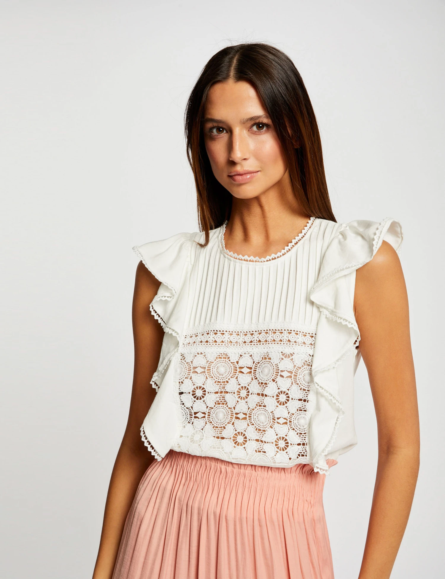 T-shirt Manches Courtes à Volants Ecru Femme