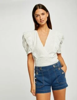 T-shirt Manches Courtes à Volants Ecru Femme