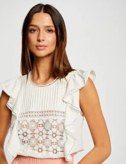 T-shirt Manches Courtes à Volants Ecru Femme -Tenue Legere Boutique t shirt manches courtes a volants ecru femme vue4 32536300939200201