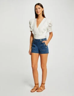 T-shirt Manches Courtes à Volants Ecru Femme -Tenue Legere Boutique t shirt manches courtes a volants ecru femme vue5 32536300958840201