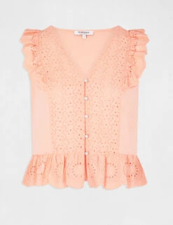 T-shirt Manches Courtes à Volants Rose Moyen Femme -Tenue Legere Boutique t shirt manches courtes a volants rose moyen femme vue3 32536300939210514