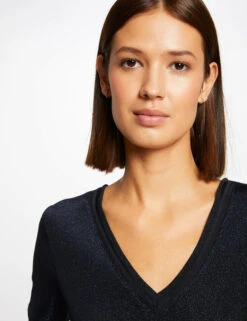 T-shirt Manches Courtes Avec Col En V Marine Femme -Tenue Legere Boutique t shirt manches courtes avec col en v marine femme vue4 32536300868200301