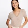 T-shirt Manches Courtes Avec Col En V Rose Femme
