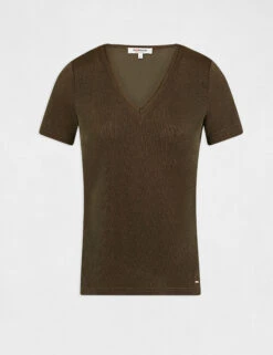 T-shirt Manches Courtes Avec Col En V Taupe Femme -Tenue Legere Boutique t shirt manches courtes avec col en v taupe femme vue3 32536300868200707