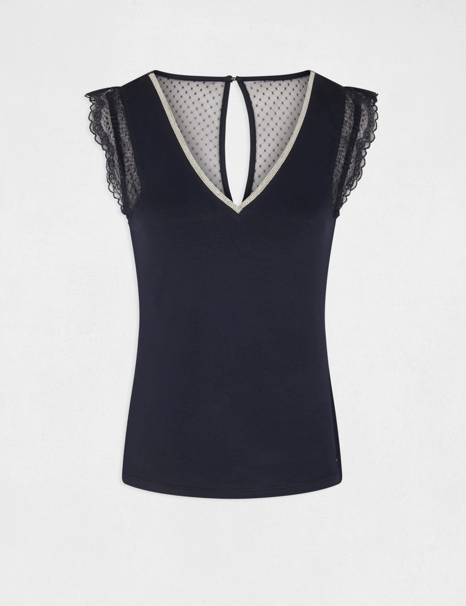 T-shirt Manches Courtes Avec Dentelle Marine Femme 6 T-shirt Manches Courtes Avec Dentelle Marine Femme â Image 4