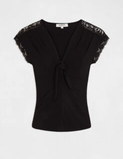 T-shirt Manches Courtes Avec Noeud Noir Femme -Tenue Legere Boutique t shirt manches courtes avec noeud noir femme vue3 32536300954640100