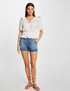 T-shirt Manches Courtes Brodé Ecru Femme -Tenue Legere Boutique t shirt manches courtes brode ecru femme vue5 32536300945890201