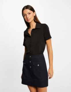 T-shirt Manches Courtes Col à Revers Noir Femme